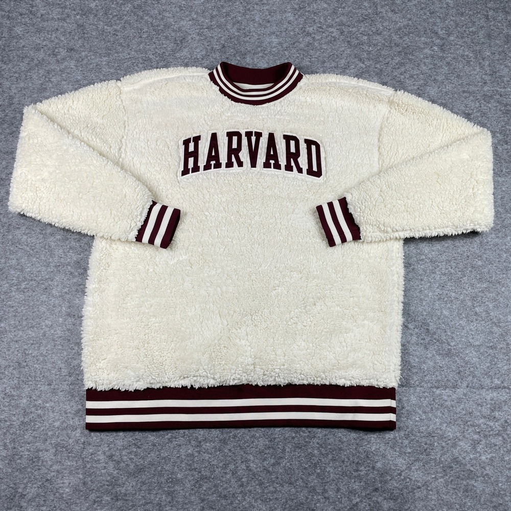 Harvard University Sweatshirt Mens Large Cream Sherpa Fleece Champion Deep Pile
